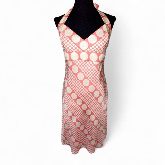 Laundry by Shelli Segal Retro Pink Polka dot 100% Silk Halter Fit & Flare Dress - Picture 1 of 8